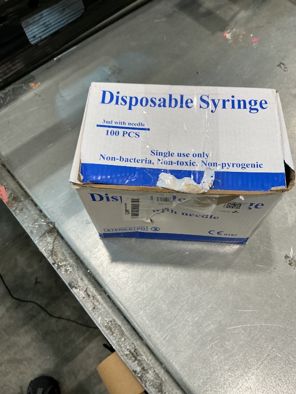 Photo 1 of 100 Pack 3ml 23Ga Plastic Syringe with Measurement for Scientific Labs, Industrial Dispensing Animal and Pet Supplies, Disposable Individually Wrapped (100, 3ml-23Ga)