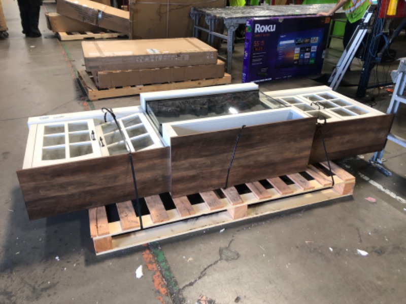View 4 of ****LOOK AT PHOTOS, DAMAGES SHOWN IN PHOTOS****OneBlis 97" Fireplace TV Stand with 36" Electric Fireplace, Farmhouse Entertainment Center for TVs up to 100", Media Console Table with Large Storage Cabinets, for Living Room, White