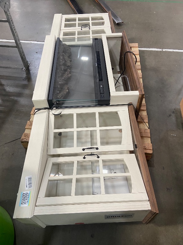 View 7 of ****LOOK AT PHOTOS, DAMAGES SHOWN IN PHOTOS****OneBlis 97" Fireplace TV Stand with 36" Electric Fireplace, Farmhouse Entertainment Center for TVs up to 100", Media Console Table with Large Storage Cabinets, for Living Room, White