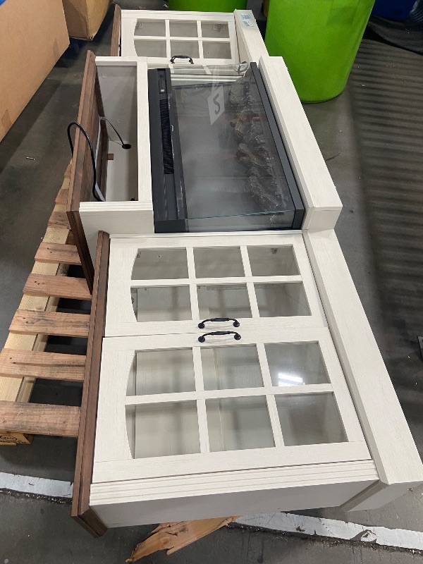 View 10 of ****LOOK AT PHOTOS, DAMAGES SHOWN IN PHOTOS****OneBlis 97" Fireplace TV Stand with 36" Electric Fireplace, Farmhouse Entertainment Center for TVs up to 100", Media Console Table with Large Storage Cabinets, for Living Room, White