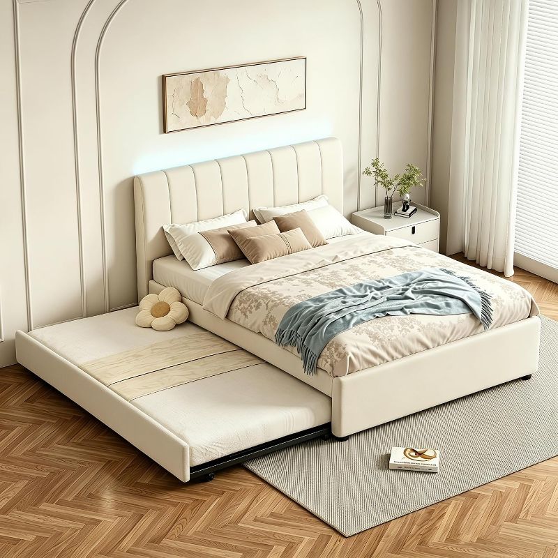 Photo 1 of *****PARTIAL SET, MISSING BOX 1/2 ****** Full Size Upholstered Platform Bed with Pull-Out Trundle Bed | Twin Size Trundle, LED Lighting Controlled by APP, USB+Type-C Charging Ports, Chenille Upholstered Bed Frame,Beige