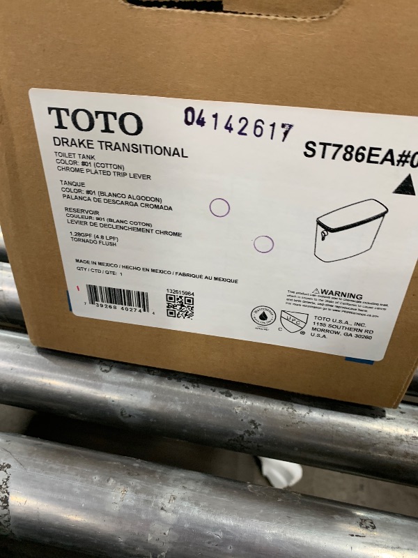 Photo 1 of **TANK ONLY** TOTO Drake Transitional Two-Piece Elongated 1.28 GPF Universal Height TORNADO FLUSH Toilet with CEFIONTECT, Cotton White - CST786CEFG#01