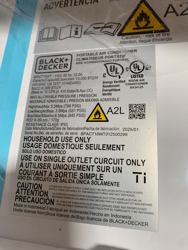 Photo 1 of **DOESNT BLOW COLD AIR** BLACK+DECKER Portable Air Conditioner, 10,000 BTU, BPACT10WT, White