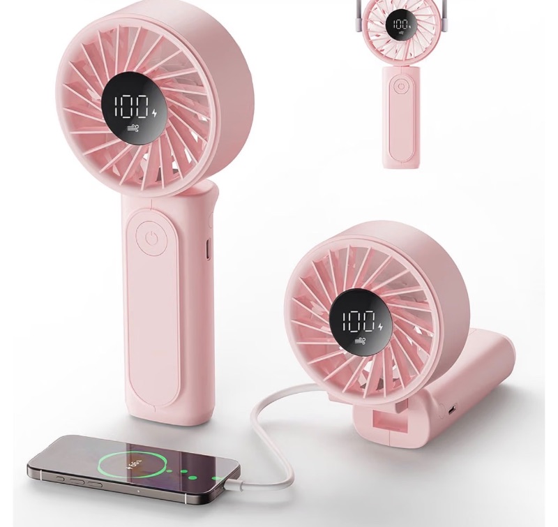 View 1 of ***LT. BLUE, NOT PINK*** Handheld Portable Fan, 4000mAh USB Rechargeable Personal Fan, 180° Foldable Mini Desk Fan with 6 Wind Speed, LCD Digital Display, Lanyard as Neck Fan, Ultra Quiet