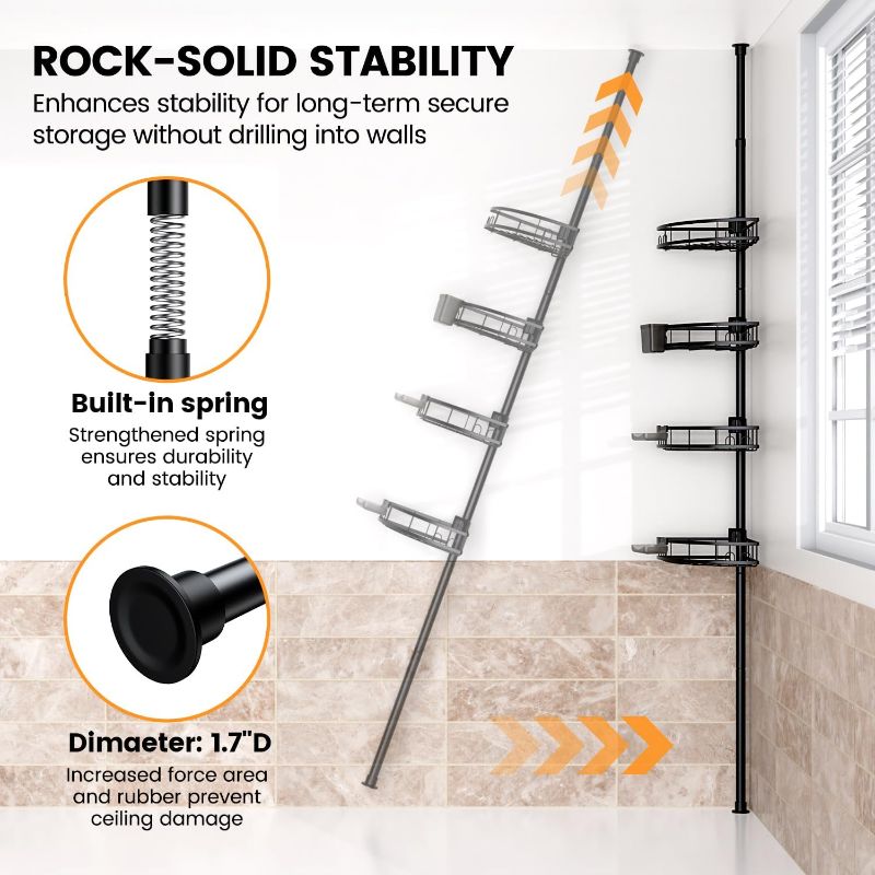 Photo 1 of
Adjustable Tension Pole Shower Caddy: Rustproof Corner Bathroom Organizer | 4-Tier 31-124" No Drill Standing Shelves Fits Apartments Rentals Bathroom...