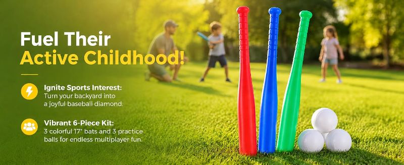 Photo 1 of
KESYOO 6Pcs Kids Plastic Baseball Bat and Ball Set for Backyard, 17 Inch | 3 Small Toy Baseball Bats and 3 Practice Balls for Kids, Colorful Backyard...