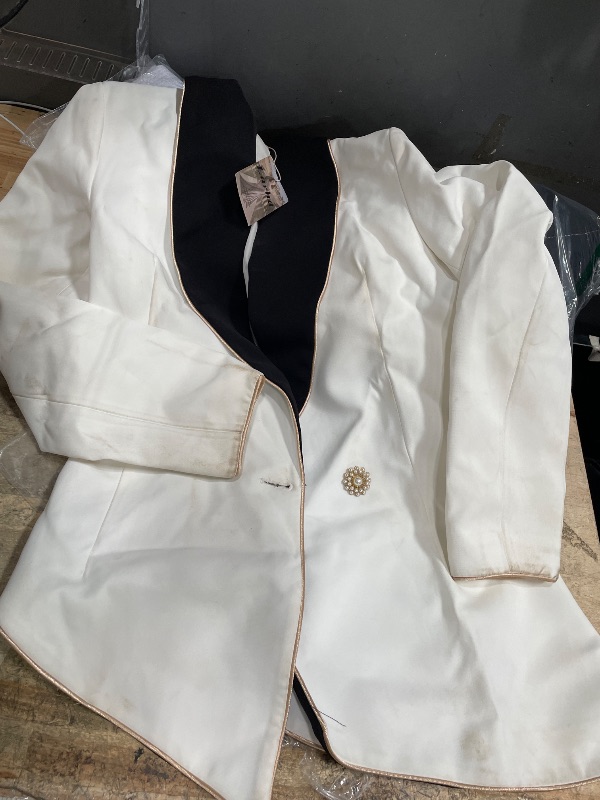 View 2 of **SEE NOTES **Women's Asymmetrical White Blazer with Black Contrast Lapels,Elegant 2 Tone Jacket with Gold Button,Business,Formal,Evening (US, Alpha, Small, Regular, Regular, White) x SMALL