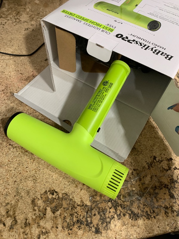 Photo 1 of **the heating element is broken ** BaBylissPRO Nano Titanium Professional Nano Light Ionic Dual-Voltage Lightweight Hair Dryer in Neon Yellow, Portable Travel Professional Styling Tool with Diffuser, Blow Dryer Set for All Hair Types