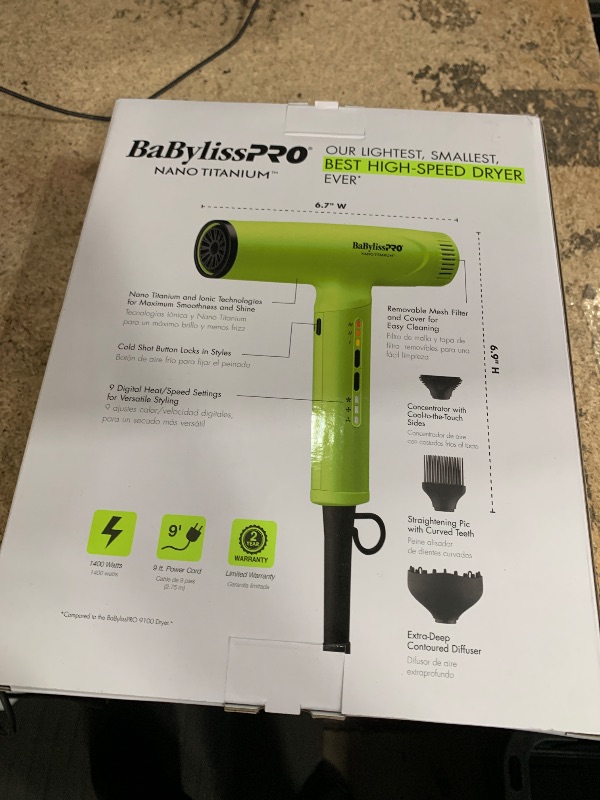 Photo 1 of **the heating element is broken ** BaBylissPRO Nano Titanium Professional Nano Light Ionic Dual-Voltage Lightweight Hair Dryer in Neon Yellow, Portable Travel Professional Styling Tool with Diffuser, Blow Dryer Set for All Hair Types