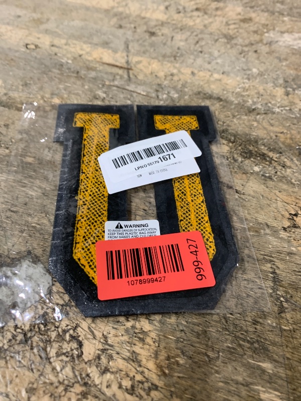 Photo 1 of 1 PCS 6 Inch Yellow Chenille Letters Patches - Iron On Varsity Alphabet, Large Letters for Clothing, Backpacks, Hats, Jeans with Black Border (U)