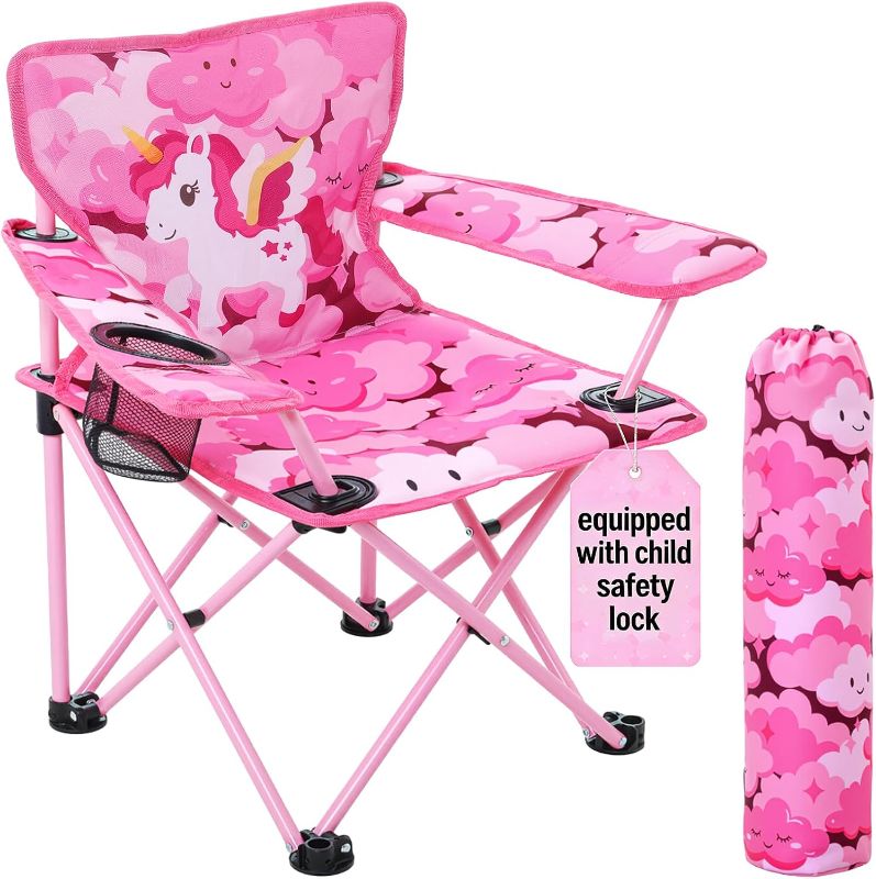 Photo 1 of **ACTUAL RETAIL IS $35.99$$ ***Huskfirm Padded Kids Camping Chair Folding Toddler Chair with Cup Holder & Safety Lock Portable Kids Beach Chair Ages 3-6 for Outdoor Camping Foldable Kids Chair Support 120lbs,Pink Unicorn