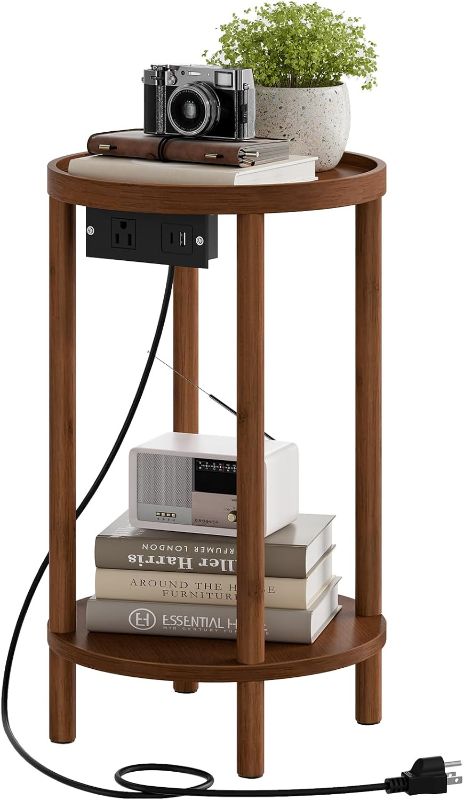 Photo 1 of **FACTORY SEALED**  HOOBRO Small Round Side Table with Charging Station, 2-Tier Round Bamboo End Table, Compact Sofa Bedside Table for Small Space, Easy Assembly, for Living Room, Bedroom, Apartment, Mocha MA156UBZ01
