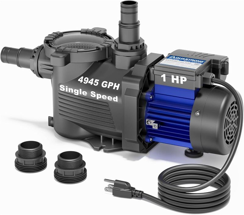 Photo 1 of AQUASTRONG 1 HP Above Ground Pool Pump, Single Speed, 1.25"&1.5''adapter, 115V, 4945GPH, High Flow, Powerful Self Primming Swimming Pool Pumps with Filter Basket
