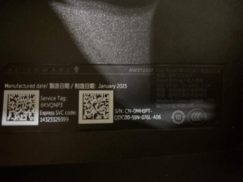 Photo 1 of Alienware AW2723DF Gaming Monitor - 27-inch (2560 x 1440) 240Hz Display (DP 1.4), 1ms Response Time, NVIDIA G-Sync, Preset OSD Modes, Height/Tilt/Swivel/Pivot Adjustability - Lunar Light