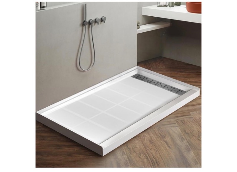 Photo 1 of Shower Base Pan in White Right Linear Drainer, Rectangular Shower Base 48"×32"×4" with Non-Slip Floor Panel and Stainless Steel Shower Drain Cover
