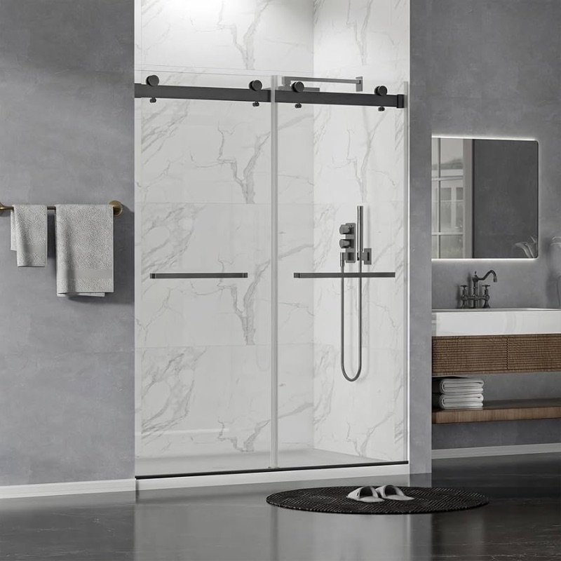 Photo 1 of Findepot 56"-60" W x 75" H Frameless Shower Door, Double Sliding Shower Door,5/16"(8mm) Clear Tempered Glass,Silent Soft-Close Design,Matte Black
