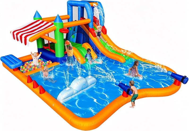 Photo 1 of Inflatable Bounce House,12 in 1 Water Slide for Kids,Double Slides Backyard Water Park,Waterslide with Splash Pool,Climbing Wall,Basketball Rim,Water Cannon,Market Stand,Sprinkles,Bounce Area,Blower