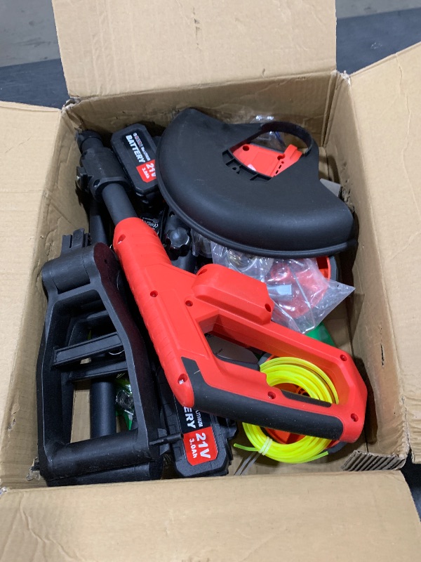 Photo 1 of 6000mAh Electric Weed Eater Battery Powered,12? Brushless Electric Weed Wacker Cordless Wheeled String Trimmer,4 in 1 Grass Trimmer/Brush Cutter/Grass Edger/Weed Trimmer 5 Blade, 2 Battery (Red)