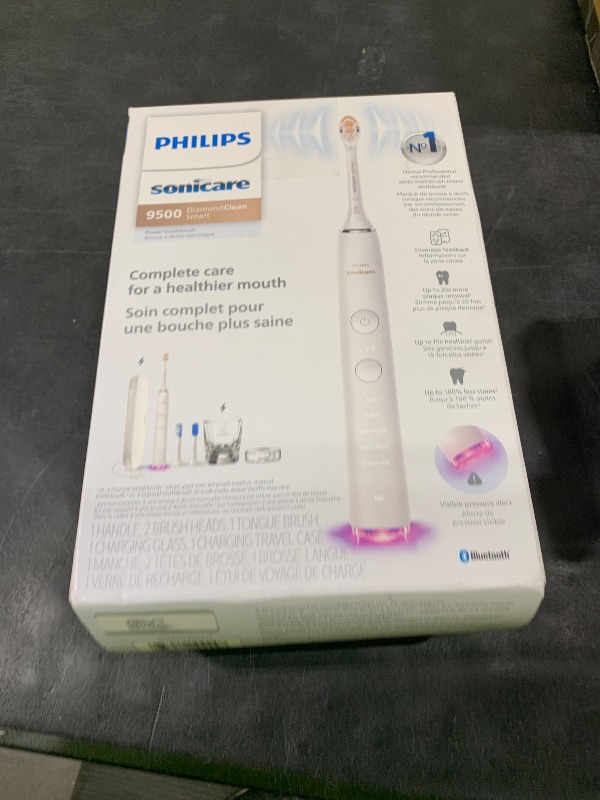 Photo 1 of Philips Sonicare DiamondClean Smart 9500 Electric Toothbrush - Sonic Toothbrush with App, Pressure Sensor, 15 Brushing Settings, Replacement Reminder, USB Charging Travel Case, White, Model HX9923/01