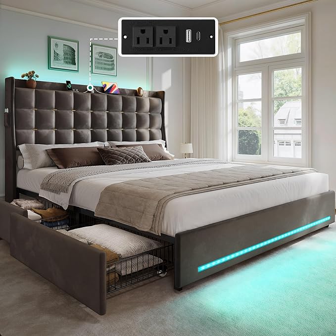 Photo 1 of YITAHOME Queen Size Bed Frame with 4 Drawers and RGB LED Lights, Velvet Upholstered Platform Bed with Charging Station and Storage Headboard, No Box Spring Needed, Easy Assembly, Noise-Free, Grey