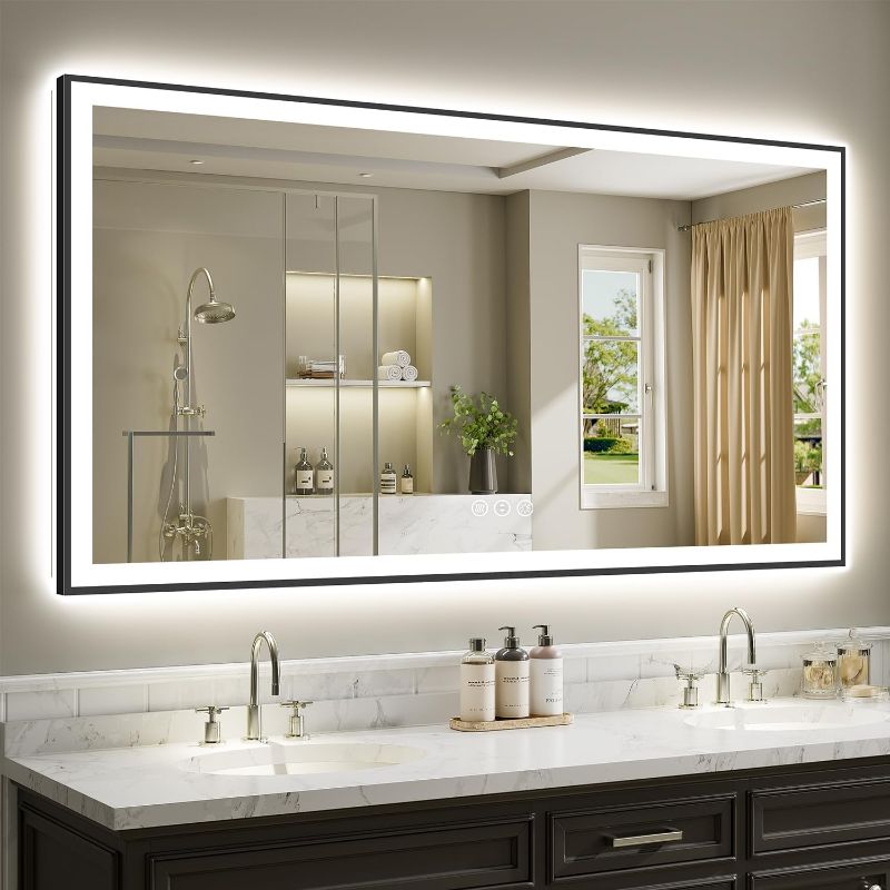 Photo 1 of 72x36 Inch LED Bathroom Mirror with Lights (Front Lit and Backlit) Black Framed Lighted Vanity Mirror for Bathroom Wall Dimmable Anti-Fog Memory Tempered Glass Horizontal/Vertical
