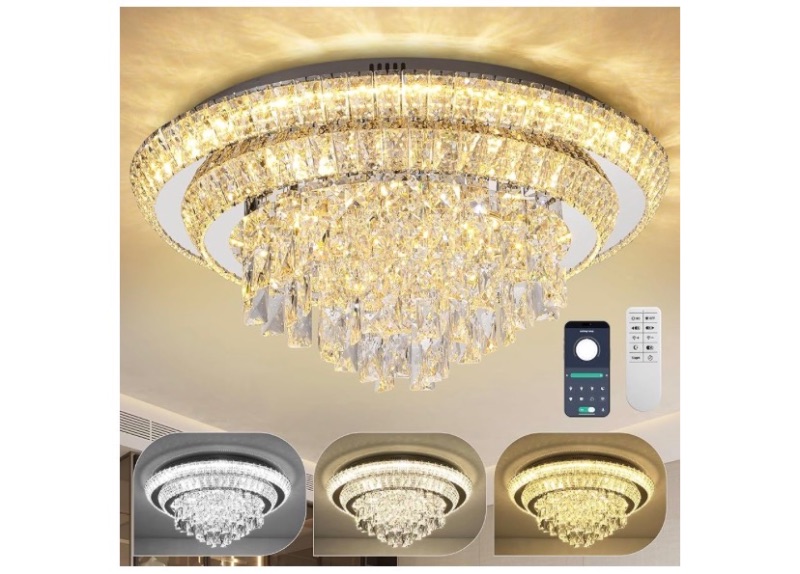 Photo 1 of COCOSTAR 24 inch Flush Mount Crystal Chandeliers with Remote and APP, Modern Elegant LED Crystal Raindrop Ceiling Light Fixture, 3CCT Dimmable, for Living Room Kitchen Island Bedroom Entryway Foyer