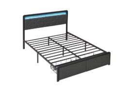 Photo 1 of Queen Bed Frame, Platform Bed Frame with LED Lights, Upholstered Bed Frame with 2 Storage Drawers, Metal Bed Frame with Button Tufted Headboard, Heavy Metal Slat Support, Noise Free
