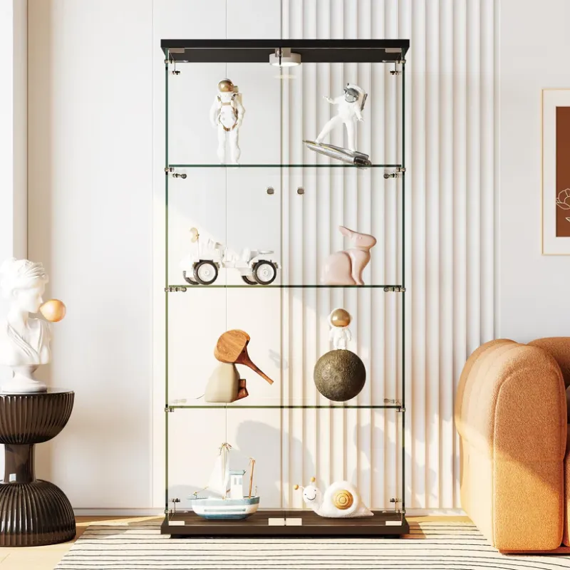 Photo 1 of Garvee Glass Display Cabinet with LED Light, 32"L x 14"W x 65"H, Tempered Glass, 4 Shelves, Lock, Black, for Living Room Bedroom Office