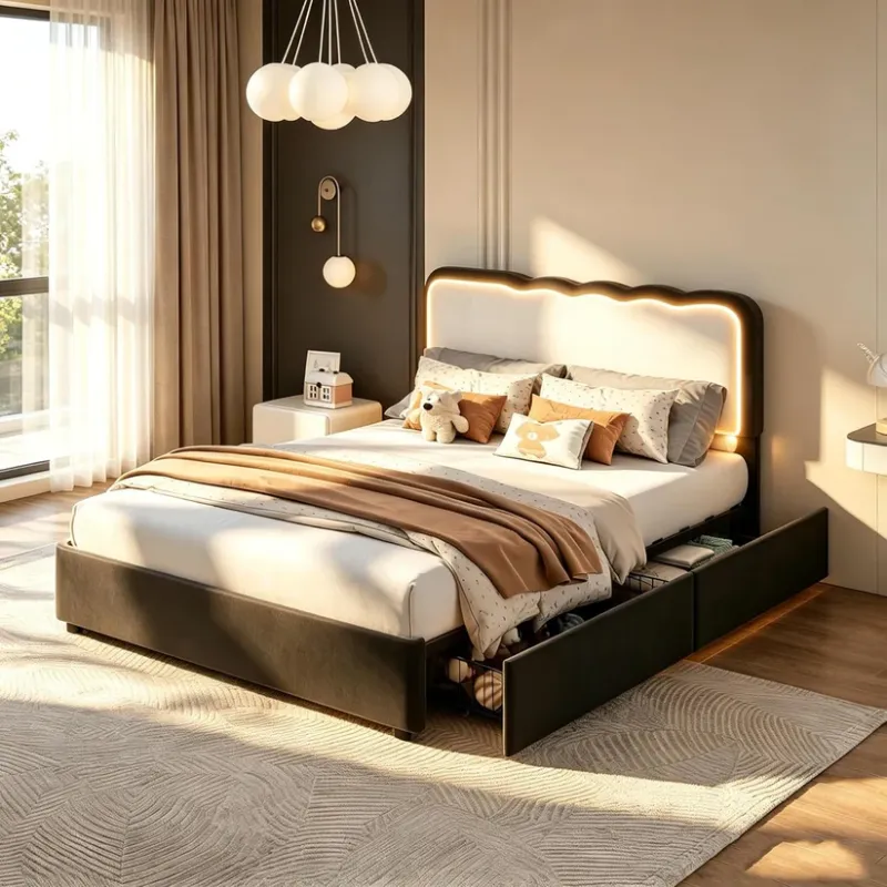 Photo 1 of Garvee Bed Frame with LED Lights, Irregular Wave Upholstered Platform Bed with 2 Storage Drawers