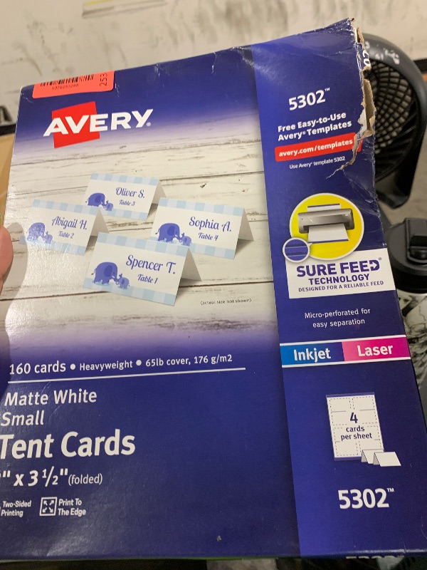 Photo 1 of Avery Printable Tent Cards with Sure Feed Technology, 2" x 3.5", White, 160 Blank Place Cards for Laser or Inkjet Printers (5302)