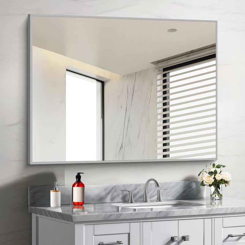 Photo 1 of COFENY 30x40In Silver Bathroom Mirror for Wall, Brushed Nickel Rectangle Mirrors with Metal Frame, Bathroom Rectangular Mirror Modern Wall Mirror for Bedroom Living Room, Hangs Horizontal or Vertical