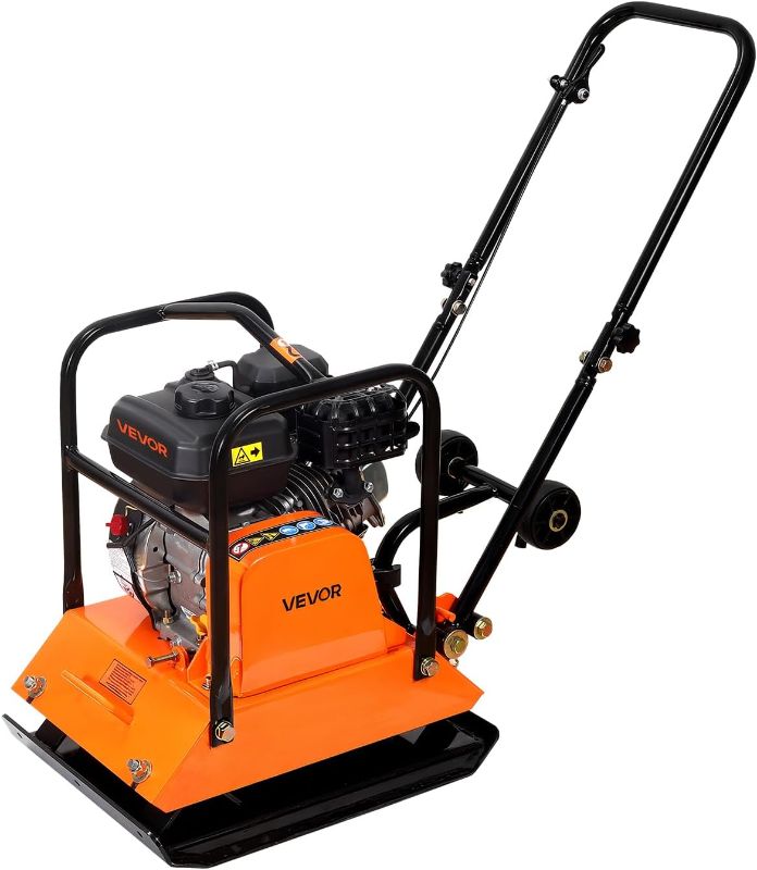 Photo 1 of VEVOR Plate Compactor, 6.5 HP 196CC Gas Engine, 5700 VPM Vibrating Ground Rammer, 4047 lbs Compaction Force, 21 x 16 in Plate, Walk Behind Compactor for Paver Landscaping, Asphalt, Foundation, Soil
