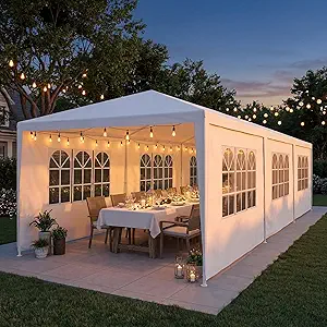 Photo 1 of HOTEEL 10x30FT Party Tent Outdoor Large Canopy for 30-50 People with 8 Removable Sidewalls, 2 Zipper Doors, 16 Ropes and 36 Stakes, Carpas para Fiestas for Backyard Wedding Patio, White