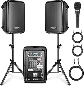 Photo 1 of Pyle PA Speaker DJ Mixer Bundle - 300 W Portable Wireless Bluetooth Sound System w/ USB SD XLR 1/4" RCA Inputs - Dual Speaker, Mixer, Microphone, Stand, Cable - Home/Outdoor Party - PPHP28AMX,Black