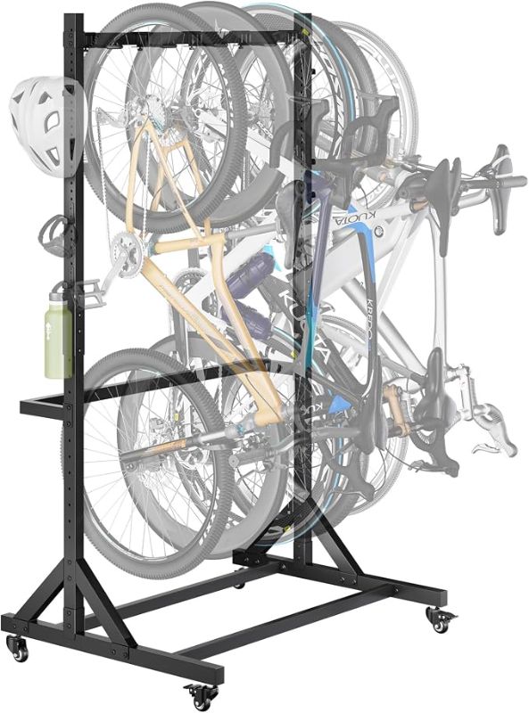 Photo 1 of monTEK Freestanding Bike Storage Rack for 5 Bikes, Heavy Duty 350LBS Vertical Bike Stand with 5 Bike Hooks & 6 Helmet Hooks, Indoor and Outdoor Bike Storage Rack with Locking Casters