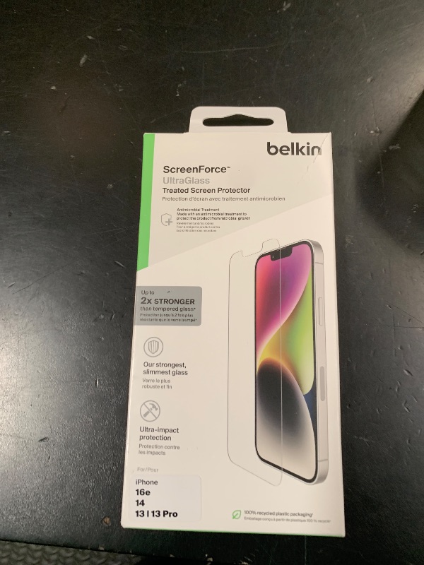 Photo 1 of Belkin UltraGlass iPhone 14, iPhone 13 Pro Screen Protector - Easy Application with Installation Guide Tray - Crystal Clear Tempered Glass Screen Protector with AntiMicrobial-Treated Display