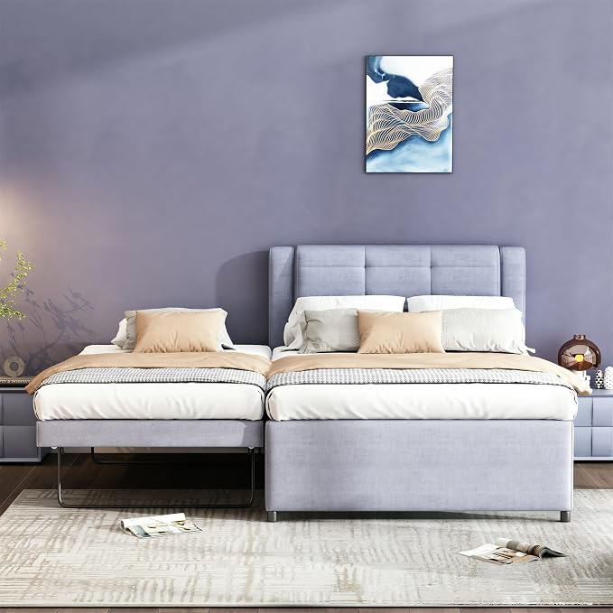 View 1 of Full Size Upholstered Platform Bed with Pull-Out Trundle, Adjustable Trundle Height, Linen Fabric Headboard, No Box Spring Needed, Solid Wood Frame, Gray