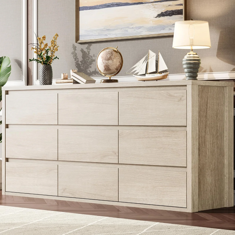 Photo 1 of Garvee 9 Drawer Dresser for Bedroom, Wide Modern Chest of Drawers, Large Wood Dresser Wooden Storage Organizer for Living Room, Hallway Entryway, Oak