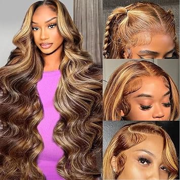 Photo 1 of Density 13x6 Highlighted Ombre 4/27 Lace Front Body Wave Wig Human Hair Highlight HD Lace Frontal Highlights Brown Honey Blond Color Wigs Pre Pre Plucked Super Soft