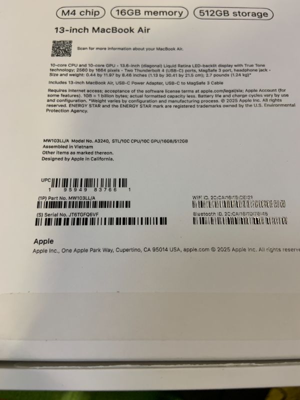 Photo 1 of Apple 2025 MacBook Air 13-inch Laptop with M4 chip: Built for Apple Intelligence, 13.6-inch Liquid Retina Display, 16GB Unified Memory, 256GB SSD Storage, 12MP Center Stage Camera, Touch ID; Starlight. locked