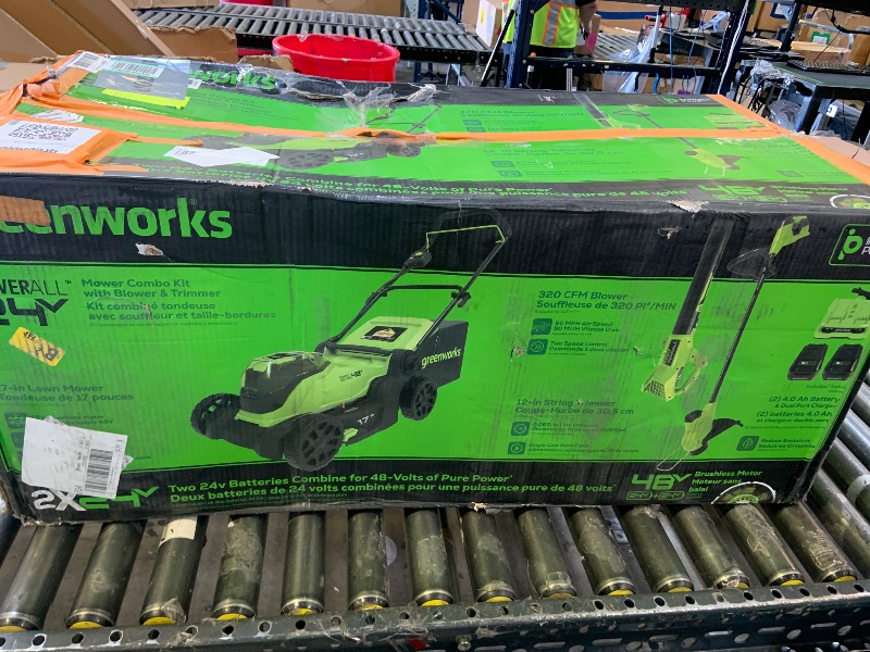 Photo 1 of Greenworks 48V (24V x 2) 17" Brushless Mower+12" String Trimmer +320CFM Blower,(2) 4.0Ah Batteries and 2A Dual Port Charger