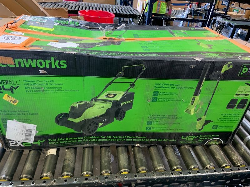 Photo 1 of Greenworks 48V (24V x 2) 17" Brushless Mower+12" String Trimmer +320CFM Blower,(2) 4.0Ah Batteries and 2A Dual Port Charger