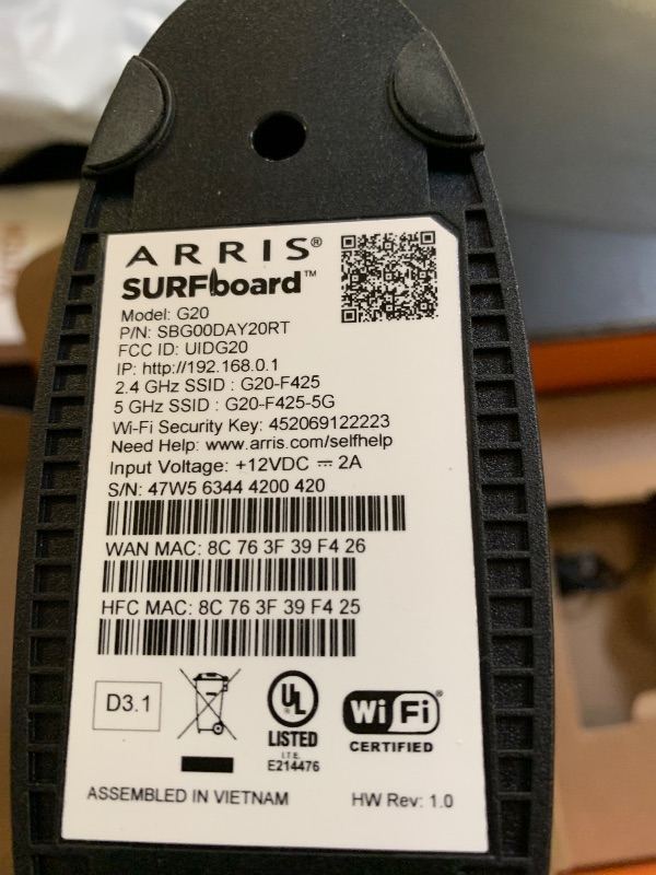 Photo 1 of Arris (G20) - Cable Modem Router Combo - Fast DOCSIS 3.1 Multi-Gigabit WiFi 6 (AX3000), Approved for Comcast Xfinity, Cox, Spectrum & More, 1.0 Gbps Max Speeds, Next-Generation Upload Optimized
