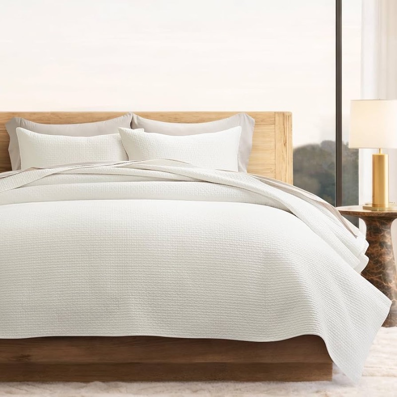 Photo 1 of EVERGRACE Cotton Sateen Pick-Stitch Quilt Set King Size – 100% Cotton Coverlet Bedding, Pre-Washed Oversized Bedspread, Breathable All-Season Quilt Set with 2 Shams, Bright White