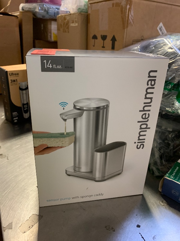 Photo 1 of simplehuman Liquid Sensor Pump with Caddy, 14 oz Automatic Soap Dispenser for Kitchen Sink, Motion Sensor, Variable Dispense, Battery Powered, Integrated Sponge Holder, Brushed Stainless Steel