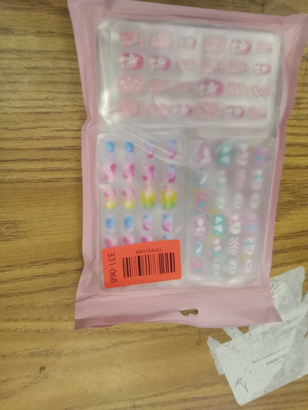 Photo 1 of 144 Pieces Press on Nails Grils, Thrilez Children Fake Artificial False Nail Tips Pre Glue Full Cover Short Acrylic Nails for Girls Kids Nail Art Decoration (Rainbow Sky)