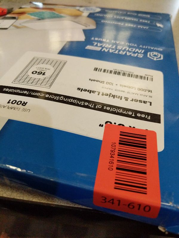 Photo 1 of 1" X 0.5" Matte White Printable Barcode Labels (100 Sheets, 16000 Stickers) UPC Labels and Price Tags for Laser & Inkjet Printers - Spartan Industrial Template R001