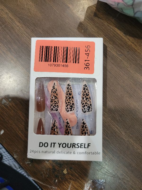 Photo 1 of 24 Pcs Stiletto Press on Nails Long Fake Nails with Leopard Print Designs Natural Reusable Brown Acrylic Nails Brown Leopard Print Artificial Nails Ombre Full Cover Stick on Nails for Women Manicure