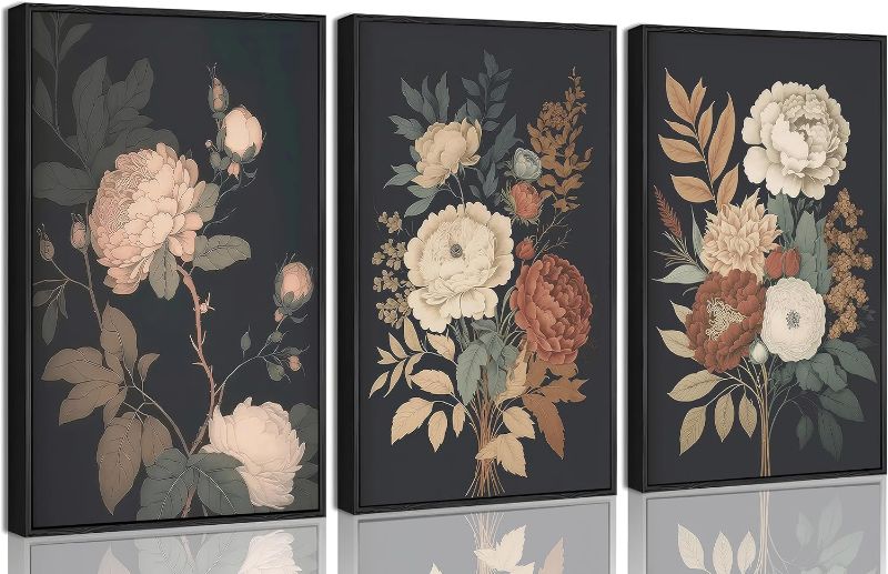 View 1 of ** SIMILAR ** *Krtoni 3PCS Framed Dark Flower Wall Art, Neutral Black Peony Floral Canvas Artwork Prints, Rustic Boho Farmhouse Flower Botanical Picture Paintings for Living Room Bedroom Office 12W x 16H