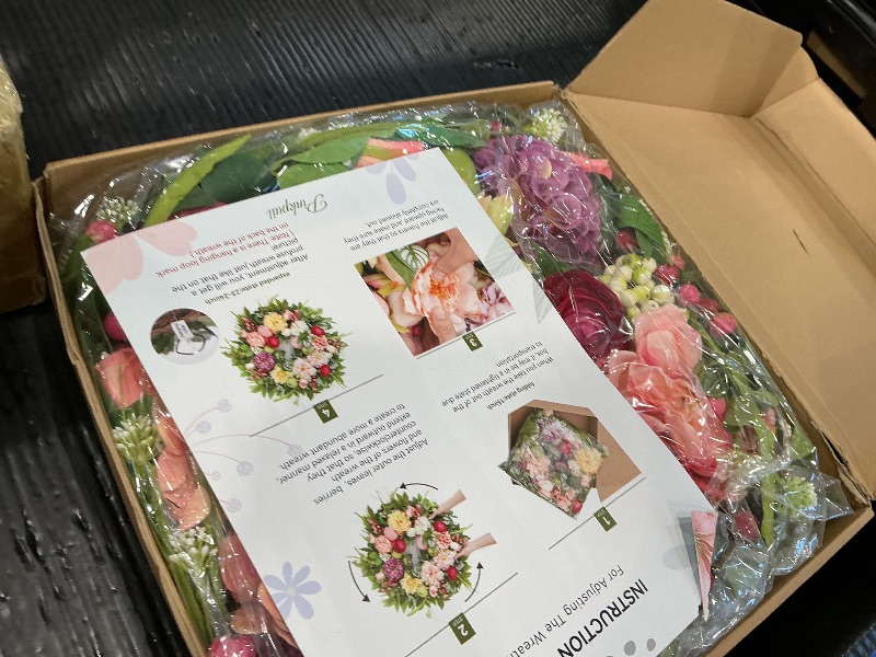 Photo 1 of [Lighted & Timer] 22" Spring Summer Wreaths for Front Door Peony Wreath with Lights Pink Silk Flower Hydrangea Rose Green Leaves Floral Wreath for Home Wall Window Wedding Party Indoor Outdoor Decor